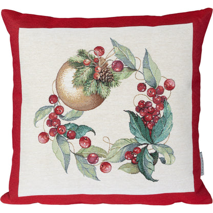 Gobelin Kissenhülle Weihnachtskranz mit roten Beeren, Blättern und goldener Kugel auf hellem Grund mit rotem Rand