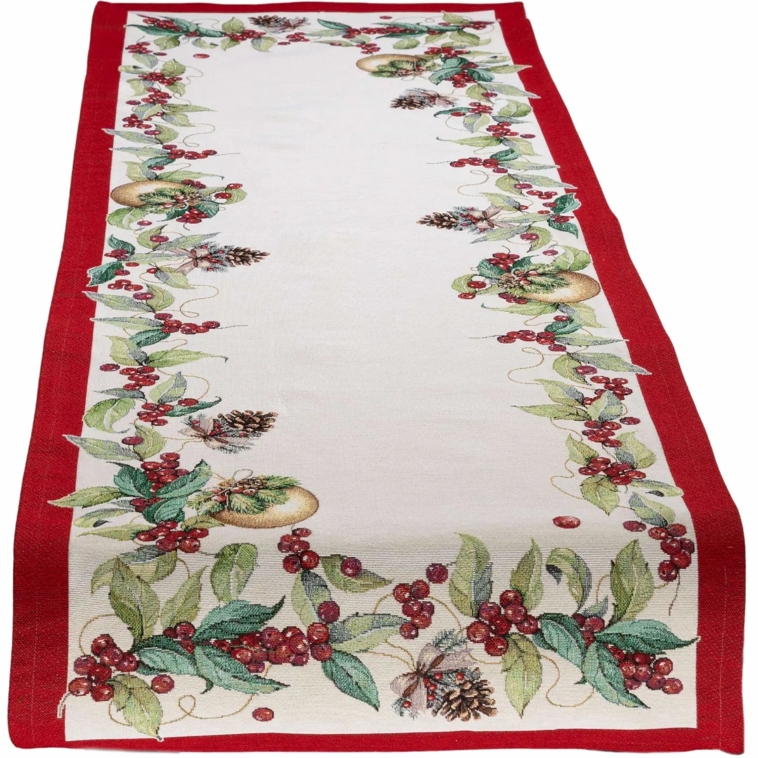 Rechteckiger Gobelin-Tischläufer mit Muster aus roten Beeren, grünen Blättern und Tannenzapfen, roter Rand