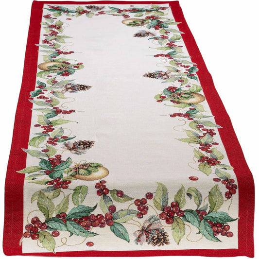Rechteckiger Gobelin-Tischläufer mit Muster aus roten Beeren, grünen Blättern und Tannenzapfen, roter Rand