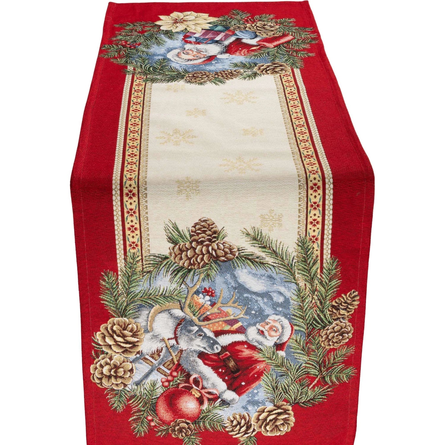 Rechteckiger Gobelin-Tischläufer mit rotem Rand, Motiv zeigt Weihnachtsmann und Rentier umgeben von Tannenzapfen und Kugeln