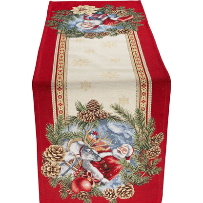 Rechteckiger Gobelin-Tischläufer mit rotem Rand, Motiv zeigt Weihnachtsmann und Rentier umgeben von Tannenzapfen und Kugeln