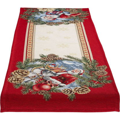 Rechteckiger Gobelin-Tischläufer gestreckt mit rotem Rand, Motiv zeigt Weihnachtsmann und Rentier umgeben von Tannenzapfen und Kugeln