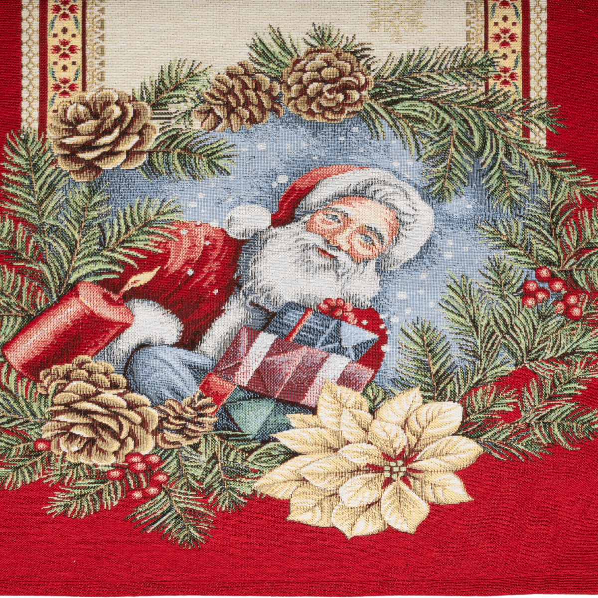 Gobelin Tischband Santas Geschenke 45x140 cm | 2 verschiedene Endmotive – Rentier & Weihnachtskugel sowie Geschenk & Kerze