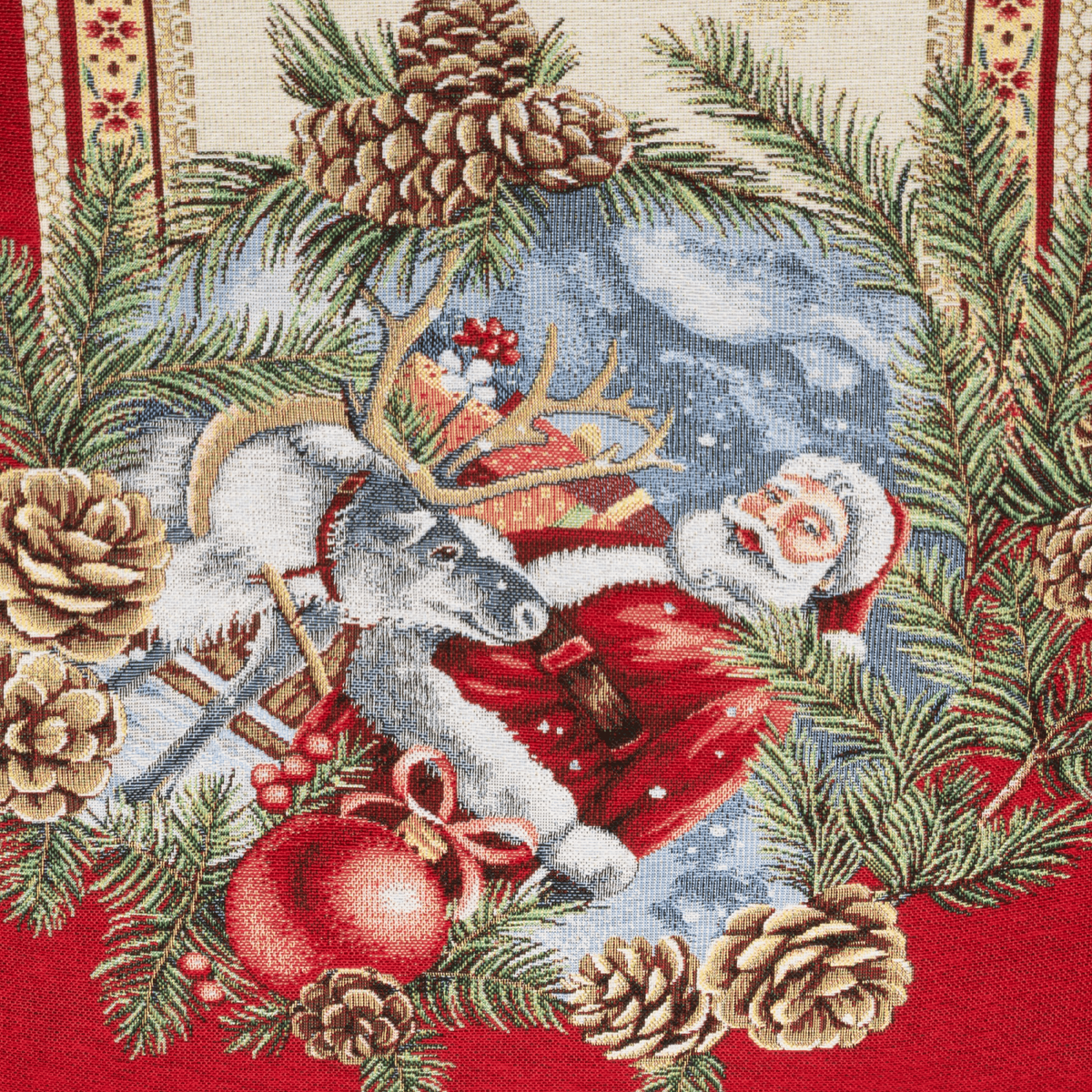 Gobelin Tischband Santas Geschenke 45x140 cm | 2 verschiedene Endmotive – Rentier & Weihnachtskugel sowie Geschenk & Kerze