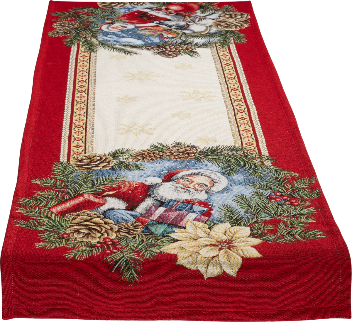 Gobelin Tischband Santas Geschenke 45x140 cm | 2 verschiedene Endmotive – Rentier & Weihnachtskugel sowie Geschenk & Kerze