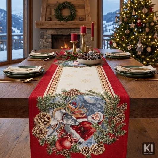 Gobelin Tischband Santas Geschenke 45x140 cm | 2 verschiedene Endmotive – Rentier & Weihnachtskugel sowie Geschenk & Kerze