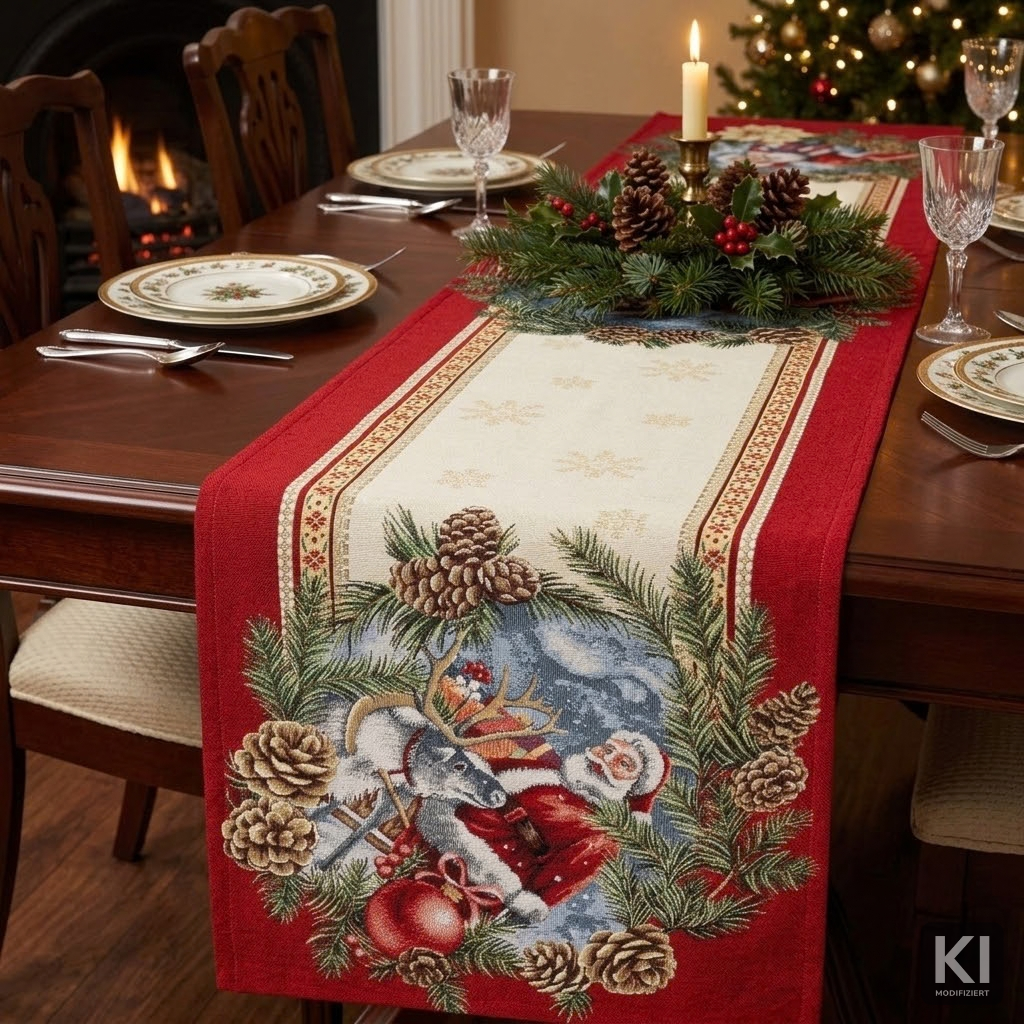 Gobelin Tischband Santas Geschenke 45x140 cm | 2 verschiedene Endmotive – Rentier & Weihnachtskugel sowie Geschenk & Kerze