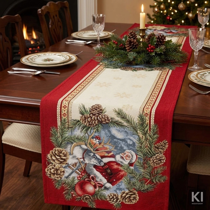Gobelin Tischband Santas Geschenke 45x140 cm | 2 verschiedene Endmotive – Rentier & Weihnachtskugel sowie Geschenk & Kerze