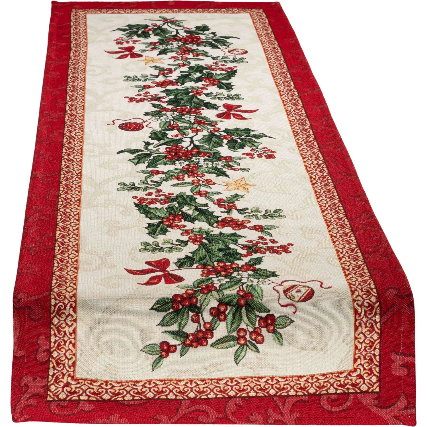 Rechteckiger Gobelin-Tischläufer mit Beerenranken-Muster in der Mitte und breitem, rotem Muster-Rahmen