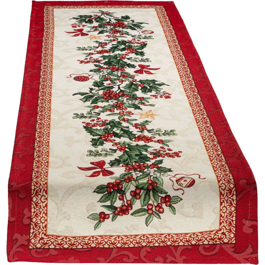 Rechteckiger Gobelin-Tischläufer mit Beerenranken-Muster in der Mitte und breitem, rotem Muster-Rahmen
