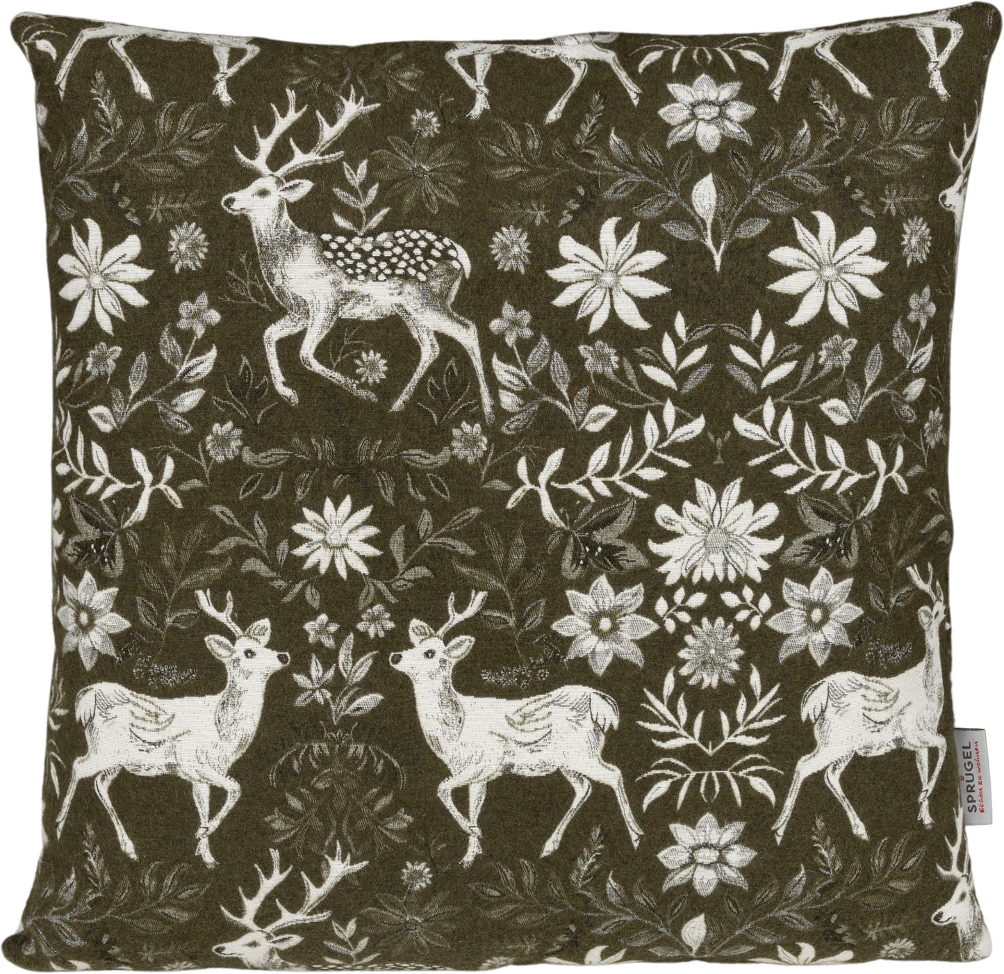 Kissenhülle Homeland Deer Dunkelgrün 40x40 cm | Filzig-Warm & Robust - Hirsch Blumen Moosgrün Weiß