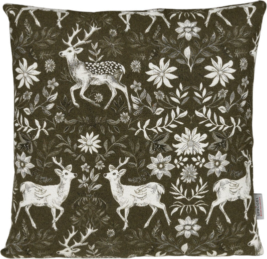 Kissenhülle Homeland Deer Dunkelgrün 50x50 cm | Filzig-Warm & Robust - Hirsch Blumen Moosgrün Weiß