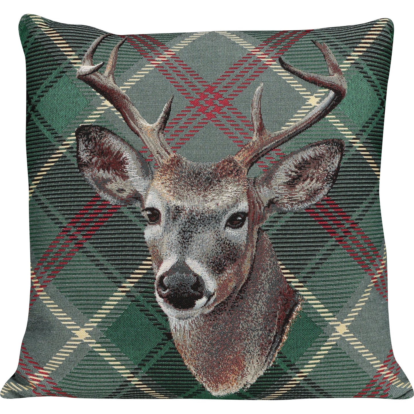 Gobelin Kissenhülle mit Hirsch im Chalet-Stil - Check Deer grün 45x45 cm