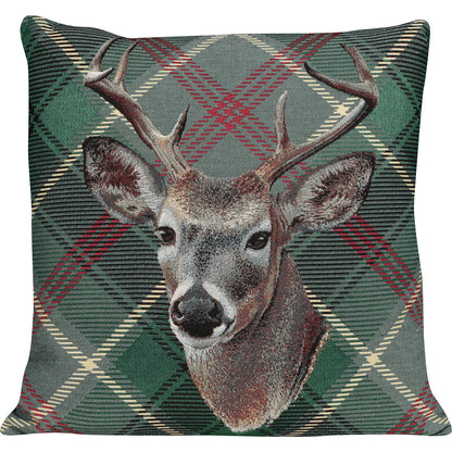 Gobelin Kissenhülle mit Hirsch im Chalet-Stil - Check Deer grün 45x45 cm