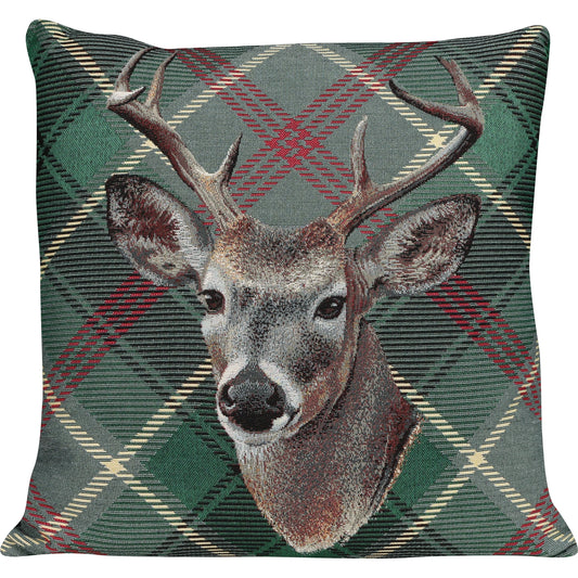 Gobelin Kissenhülle mit Hirsch im Chalet-Stil - Check Deer grün 45x45 cm