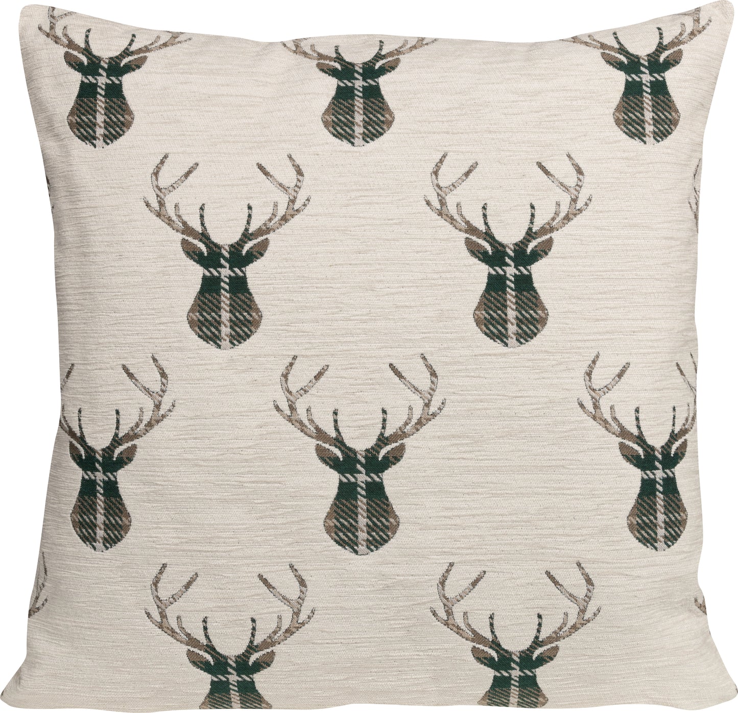 Kissenhülle Chenille Deer Grün 50x50 cm | Flauschig & Griffig - Hirschkopf Geweih Beige Grün Landhaus
