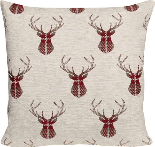 Kissenhülle Chenille Deer Rot 40x40 cm | Flauschig & Griffig - Hirschkopf Geweih Beige Rot Landhaus