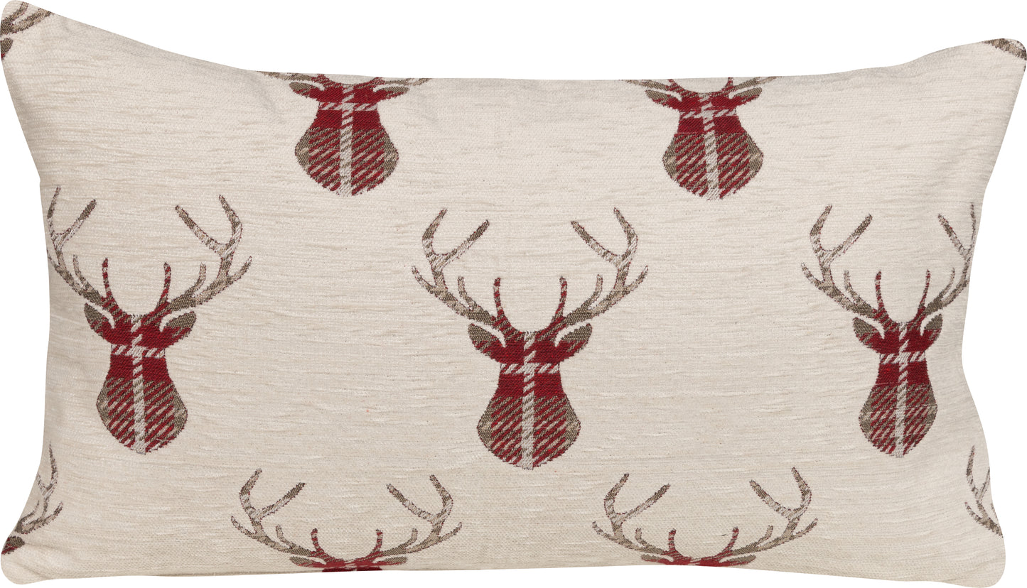 Kissenhülle Chenille Deer Rot 30x50 cm | Flauschig & Griffig - Hirschkopf Geweih Beige Rot Landhaus