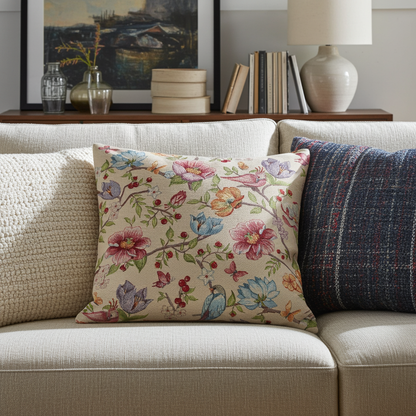 Gobelin Kissenhülle Vogel im Blütenparadies 50x50 cm