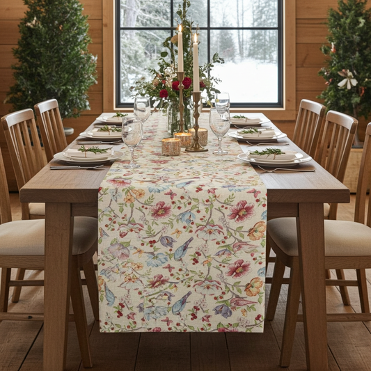 Gobelin Tischband mit Vogel im Blütenparadies - Spring Flower Bird 50x150 cm