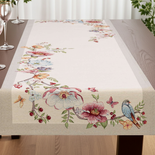 Gobelin Tischband mit Vogel im Blütenparadies - Spring Flower Bird 45x140 cm