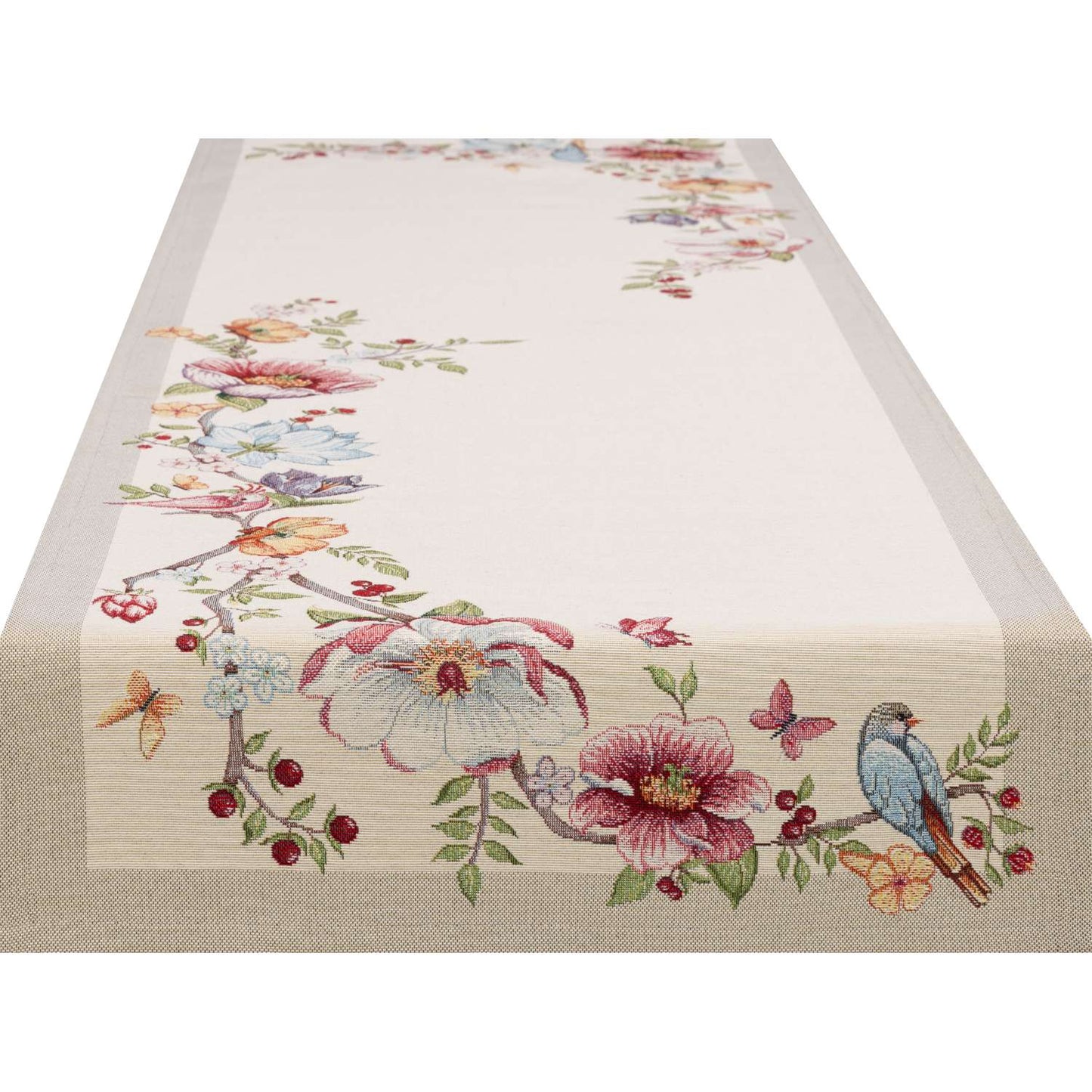 Gobelin Tischband mit Vogel im Blütenparadies - Spring Flower Bird 45x140 cm