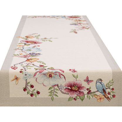 Gobelin Tischband mit Vogel im Blütenparadies - Spring Flower Bird 45x140 cm