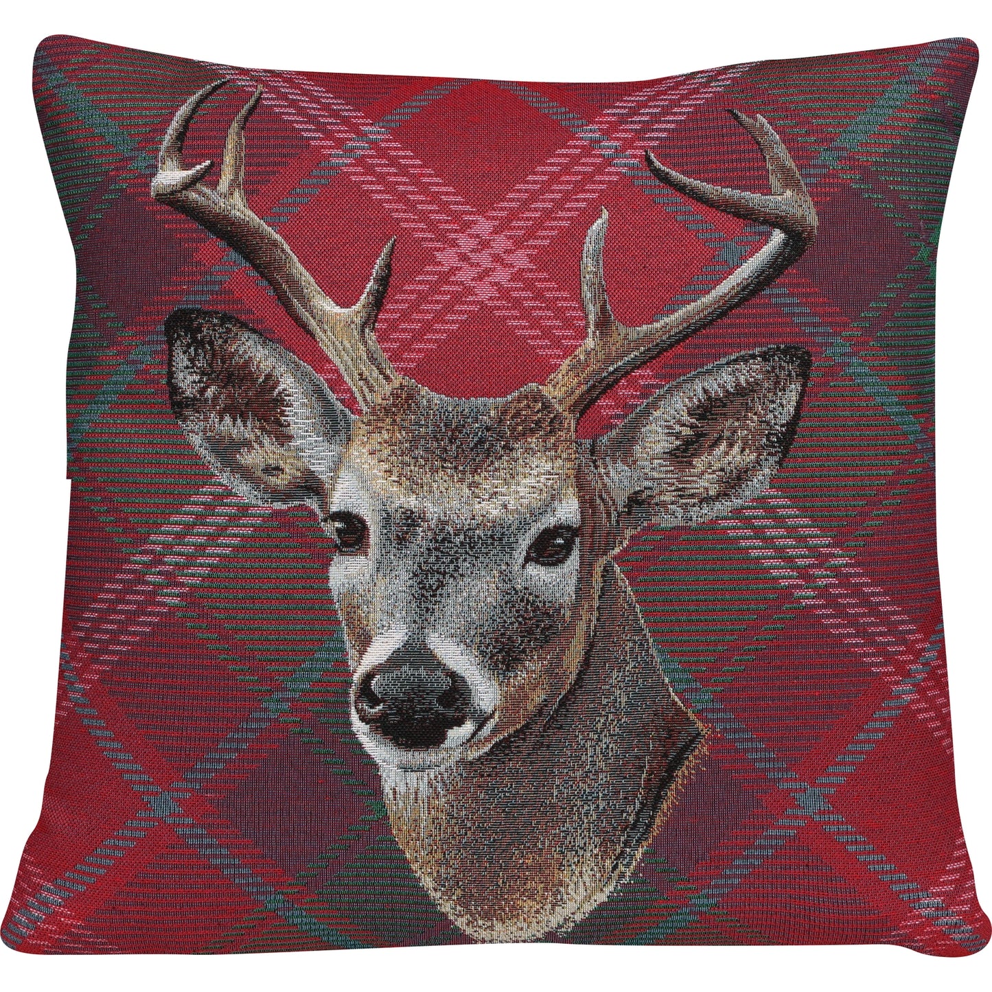Gobelin Kissenhülle mit Hirsch im Chalet-Stil - Check Deer rot 45x45 cm