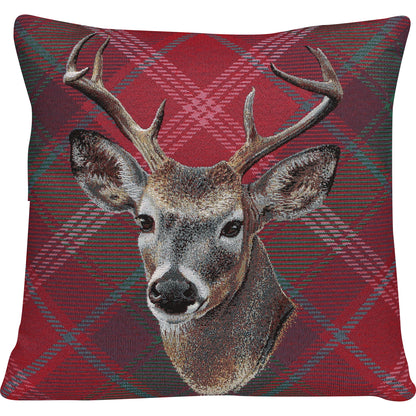 Gobelin Kissenhülle mit Hirsch im Chalet-Stil - Check Deer rot 45x45 cm