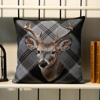 Gobelin Kissenhülle mit Hirsch im Chalet-Stil - Check Deer grau 45x45 cm