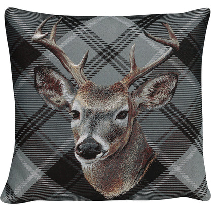 Gobelin Kissenhülle mit Hirsch im Chalet-Stil - Check Deer grau 45x45 cm