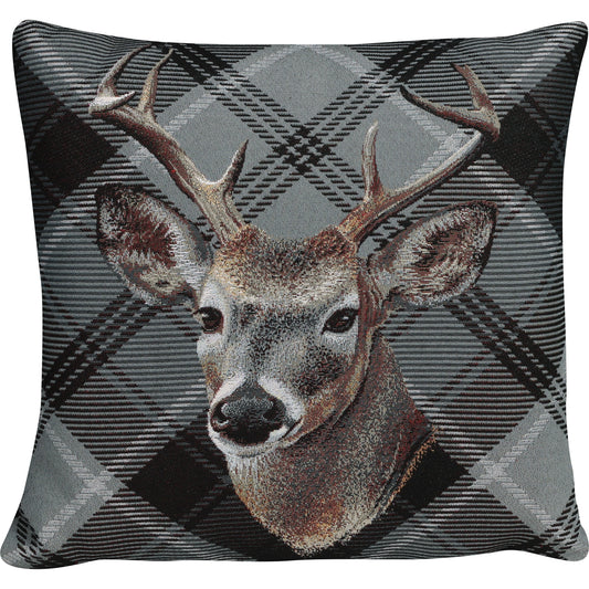 Gobelin Kissenhülle mit Hirsch im Chalet-Stil - Check Deer grau 45x45 cm