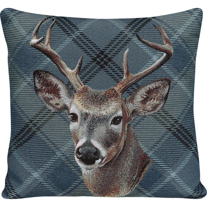 Gobelin Kissenhülle mit Hirsch im Chalet-Stil - Check Deer blau 45x45 cm