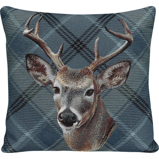 Gobelin Kissenhülle mit Hirsch im Chalet-Stil - Check Deer blau 45x45 cm