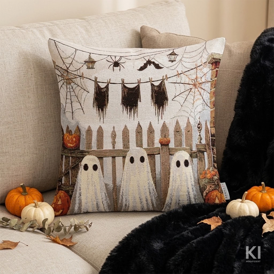 Gobelin Kissenhülle Halloween Ghosts 45x45 cm | Geister im Vorgarten