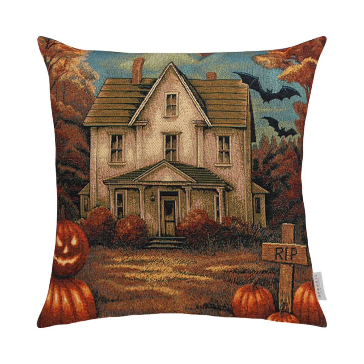Gobelin Kissenhülle Halloween Haunted House 50x50 cm | verlassenes Gruselhaus mit RIP Schild