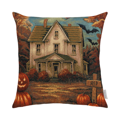 Gobelin Kissenhülle Halloween Haunted House 50x50 cm | verlassenes Gruselhaus mit RIP Schild