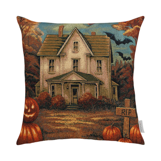 Gobelin Kissenhülle Halloween Haunted House 50x50 cm | verlassenes Gruselhaus mit RIP Schild