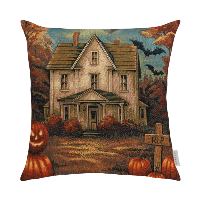 Gewebte Jacquard Kissenhülle Halloween Haunted House 50x50 cm | verlassenes Gruselhaus mit RIP Schild