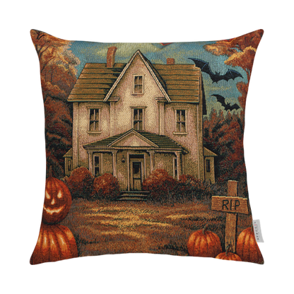 Gewebte Jacquard Kissenhülle Halloween Haunted House 50x50 cm | verlassenes Gruselhaus mit RIP Schild