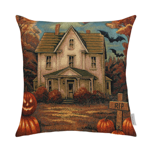Gewebte Jacquard Kissenhülle Halloween Haunted House 50x50 cm | verlassenes Gruselhaus mit RIP Schild