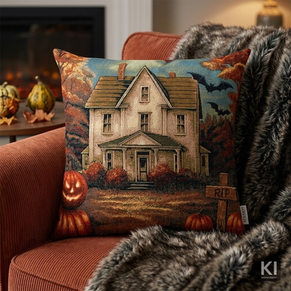 Gobelin Kissenhülle Halloween Haunted House 50x50 cm | verlassenes Gruselhaus mit RIP Schild