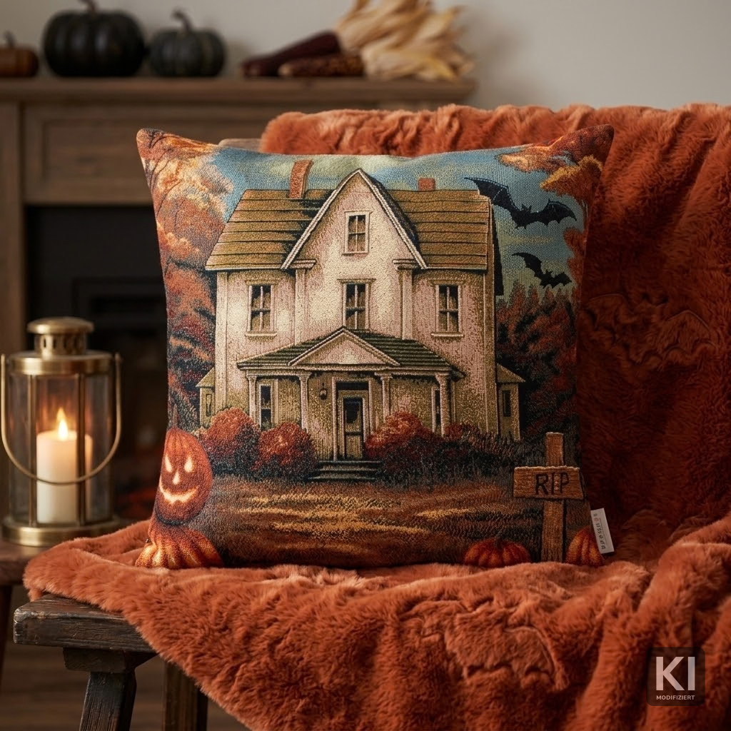 Gobelin Kissenhülle Halloween Haunted House 50x50 cm | verlassenes Gruselhaus mit RIP Schild