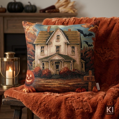 Gobelin Kissenhülle Halloween Haunted House 50x50 cm | verlassenes Gruselhaus mit RIP Schild