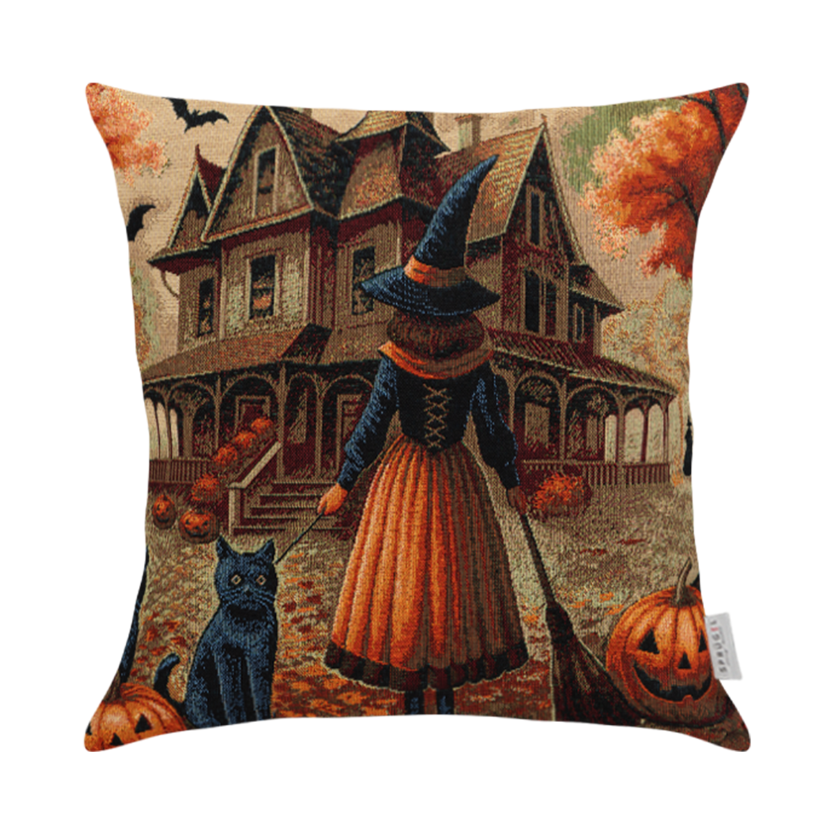 Gobelin Kissenhülle Halloween Witch 50x50 cm | Hexe mit schwarzem Kater & Gruselhaus