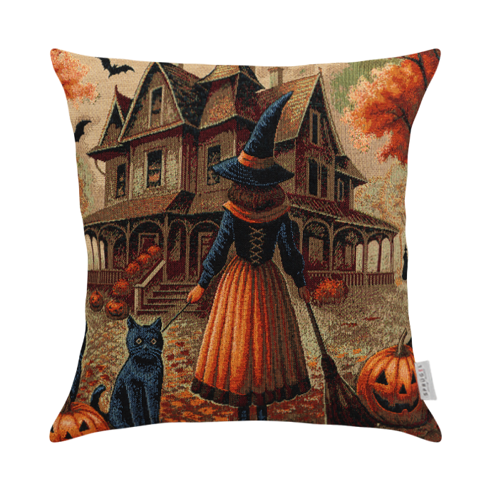 Gewebte Jacquard Kissenhülle Halloween Witch 50x50 cm | Hexe mit schwarzem Kater & Gruselhaus
