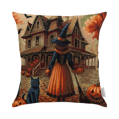 Gewebte Jacquard Kissenhülle Halloween Witch 50x50 cm | Hexe mit schwarzem Kater & Gruselhaus