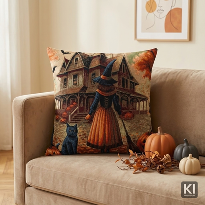 Gobelin Kissenhülle Halloween Witch 50x50 cm | Hexe mit schwarzem Kater & Gruselhaus
