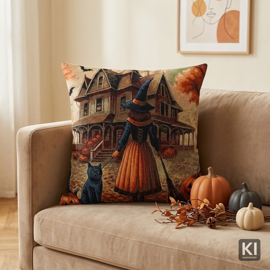 Gobelin Kissenhülle Halloween Witch 50x50 cm | Hexe mit schwarzem Kater & Gruselhaus
