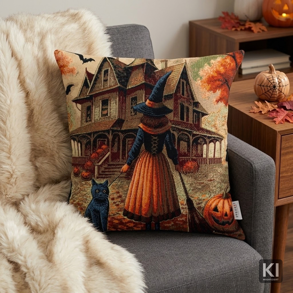 Gobelin Kissenhülle Halloween Witch 50x50 cm | Hexe mit schwarzem Kater & Gruselhaus